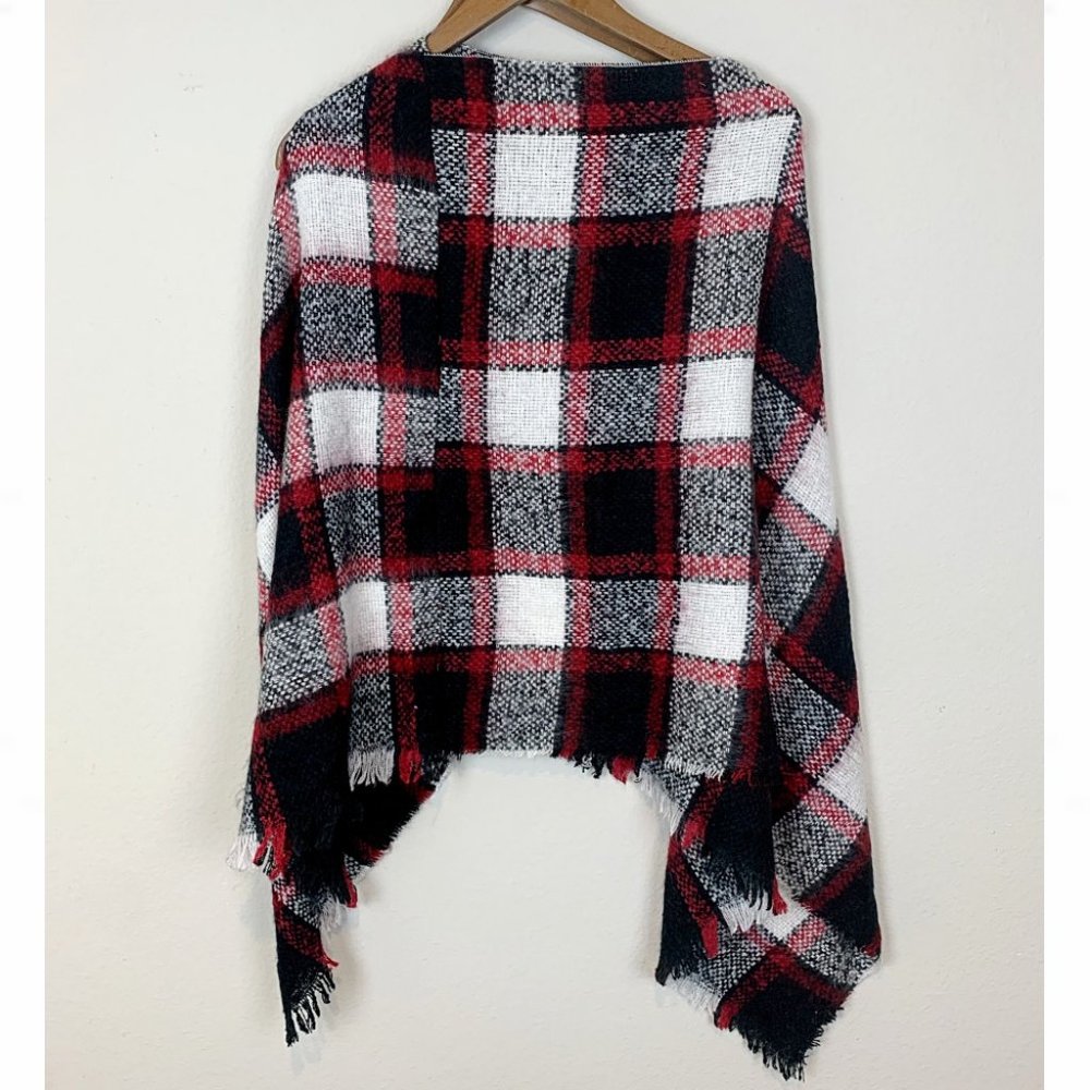 Black Chic Plaid Fringed Blanket Poncho Sweater - Picture 4 of 7
